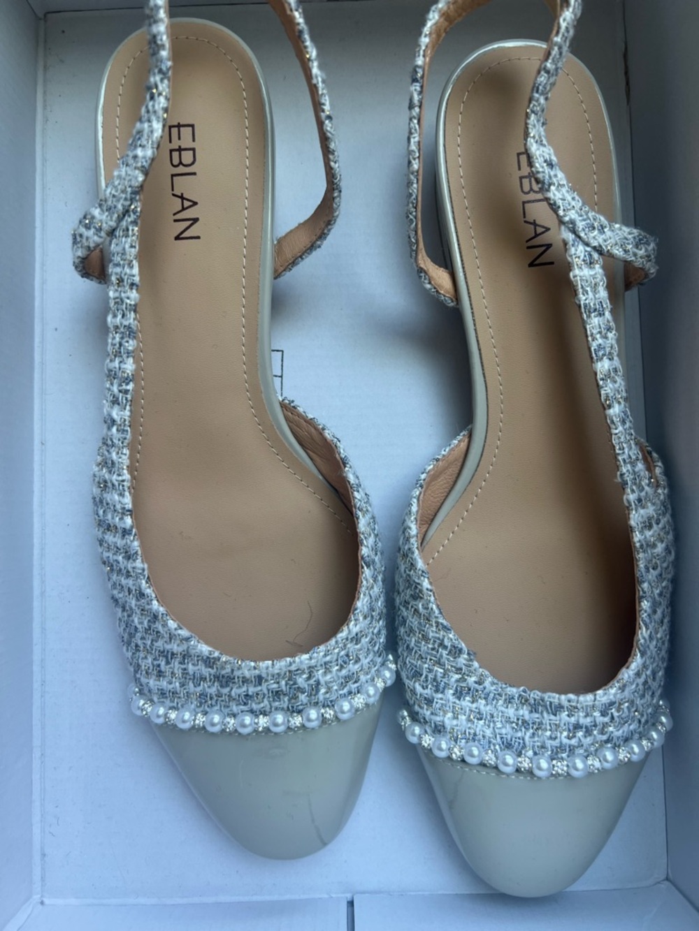Elegant Silver Blue Tweed Pearl Slingback Heels Size 245 (US8/8.5) Leather NEW